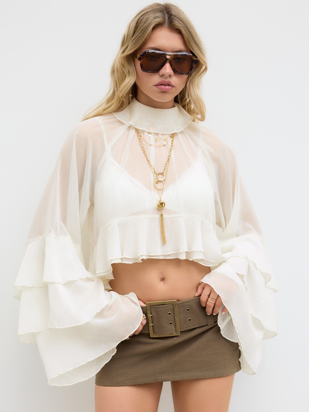 Cider Chiffon High Neck Ruffle Dolman sleeve See-Through Crop Blouse